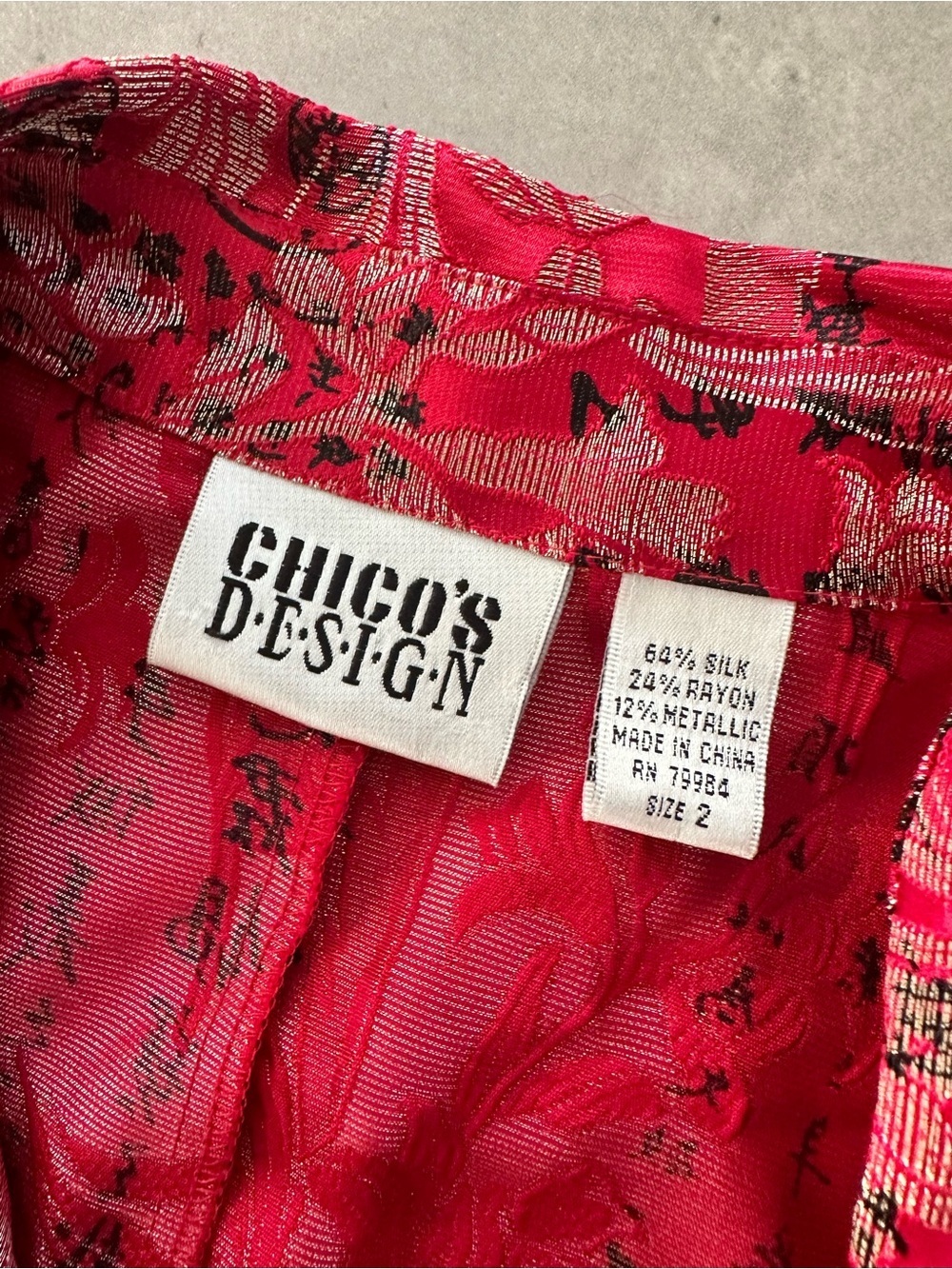 Chicos Design Silk Brocade Jacket Size 2 Red Metallic Floral Button Front - Picture 10 of 12